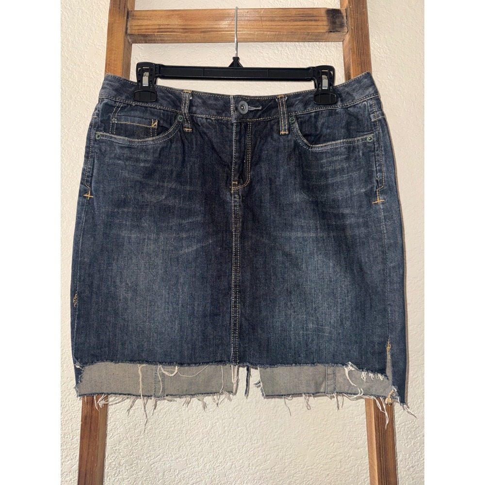 Converse One Star Denim Mini Skirt Dark Wash Raw Hem Distressed Womens SZ 8 VTG